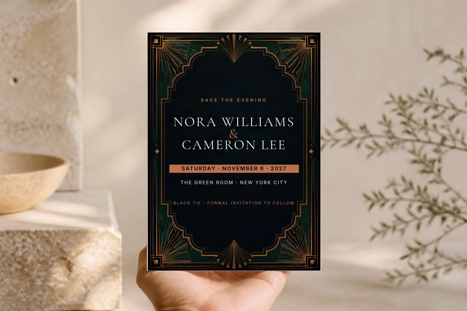 Emerald Hour Save the Date — In Hand view