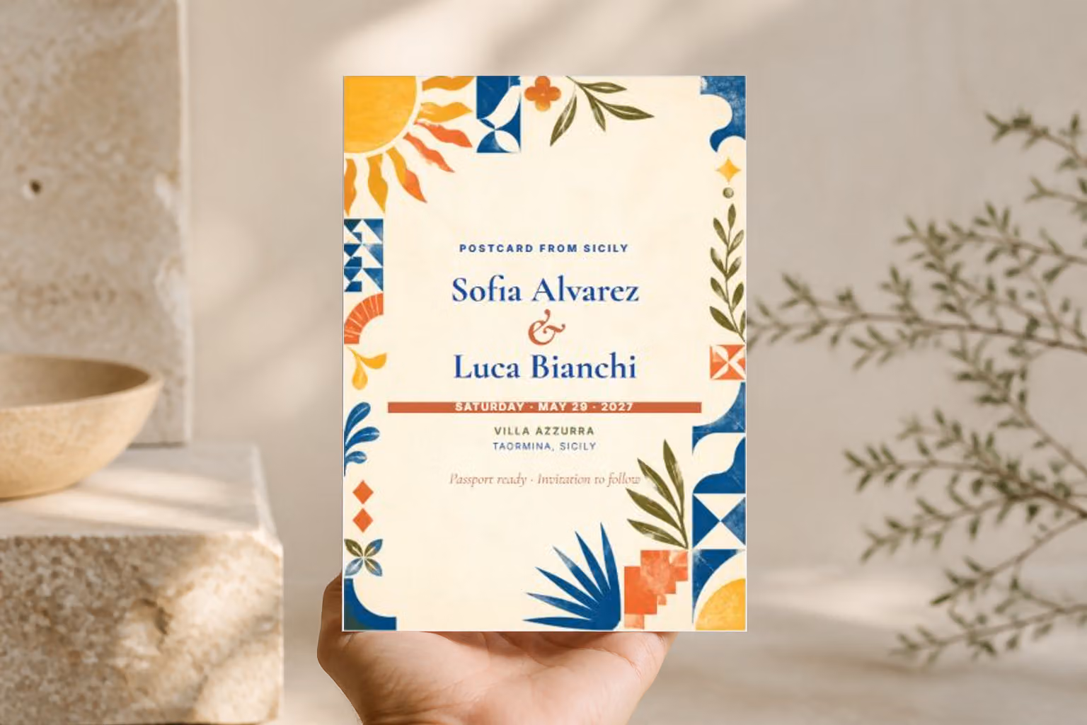 Riviera Postcard Save the Date — In Hand view