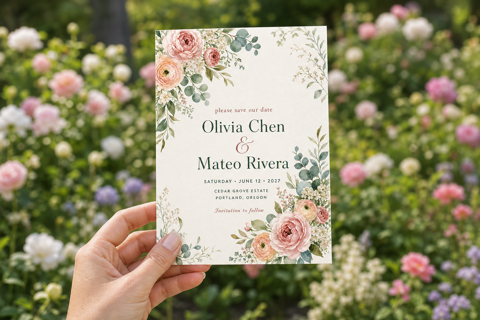 Garden Romance Save the Date — In Hand view